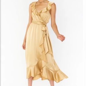 NWT Show Me Your Mumu Samantha Ruffle Wrap True Gold Luxe Satin Dress Large